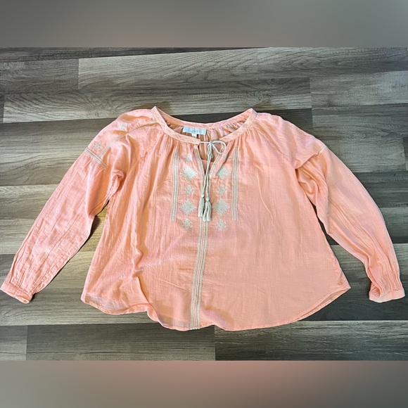 Ann Taylor The Loft Salmon Peasant Embroidered Tie Front Blouse SZ Small - Picture 2 of 11
